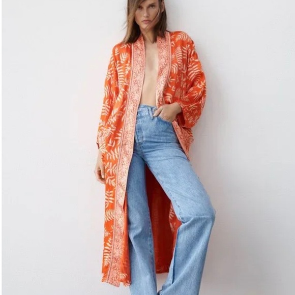 NWT ZARA Long Orange and White fern print Hanoi Kimono with belt size S - Picture 5 of 10